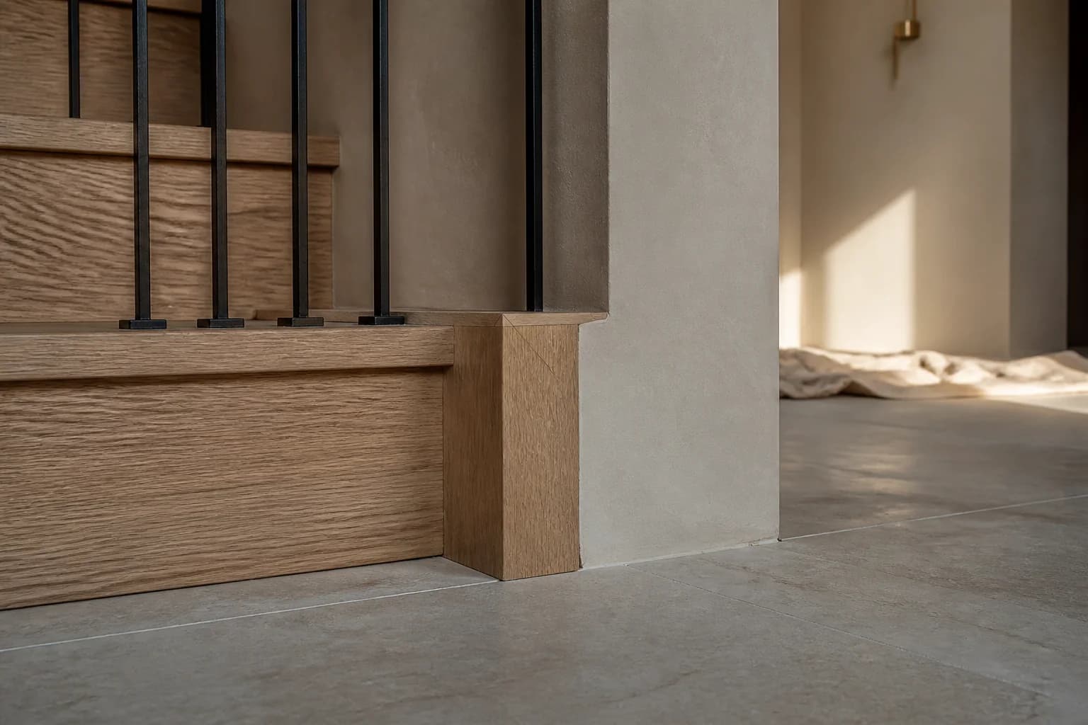 Architectural visualization of precise oak, plaster, steel, and stone detailing