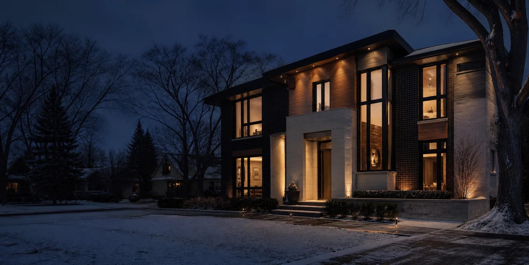 Architectural visualization of a contemporary Ottawa home, with warm windows and a limestone entrance at dusk