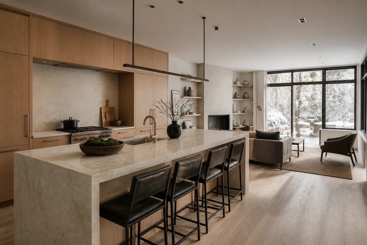 Architectural visualization of an oak and limestone kitchen